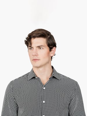 Men’s Black Grid Aero Zero Dress shirt headshot of model looking to the right