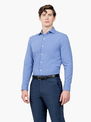 Men’s Blue Grid Aero Zero Dress shirt model facing forward and to the right