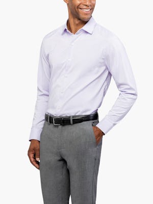 Men's Lavender Grid Aero Dress Shirt on Model Facing Forward with Hand in Pocket