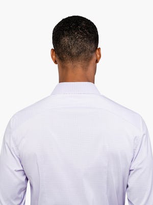 Men's Lavender Grid Aero Dress Shirt on Model Facing Backward  in Close-Up of Curved Back Yoke