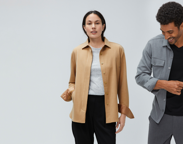 Man and woman wearing Fusion Overshirts in Camel and Grey