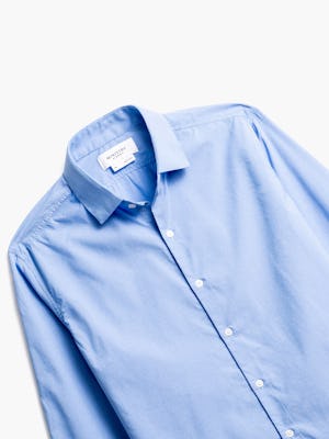 close up of men's solid blue nylon aero dress shirt shot of front