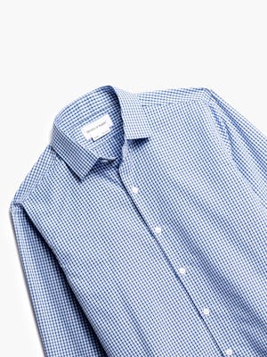 close up of men's blue box plaid aero zero dress shirt shot of front