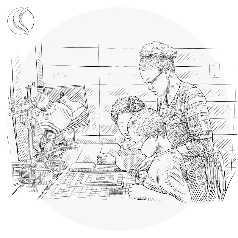 Illustration of woman and children working at a desk
