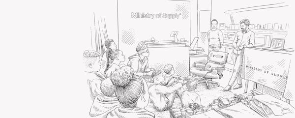 Illustration of a man speaking to a room full of students