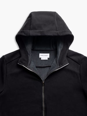 men's black hybrid full zip hoodie zoomed shot of front hood up