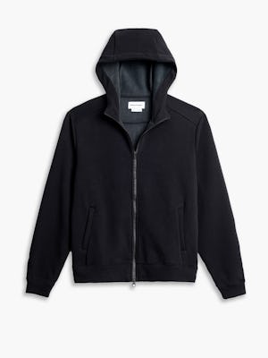 men's black hybrid full zip hoodie flat shot of front hood up