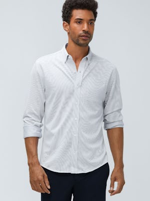 men's grey heather stripe hybrid button down model facing forward sleeves cuffed