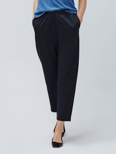 Womens Navy Tweed Fusion Pull On Pant and Storm Blue Composite Merino Tank - On Model