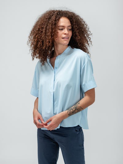 Women's Chambray Blue Juno Boxy Blouse and Slate Blue Kinetic Pull-On Pant model facing forward
