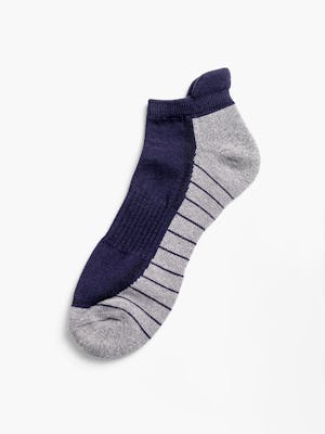 navy/light grey atlas ankle socks flat shot of single sock