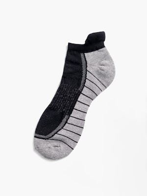 black/light grey atlas ankle socks flat shot of sock