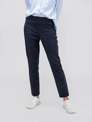 model wearing women's navy herringbone fusion straight leg pant and chambray blue aero zero oversized shirt facing forward with shirt tucked in