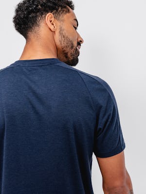 close up of back of Men's Navy Composite Merino Active Tee on model