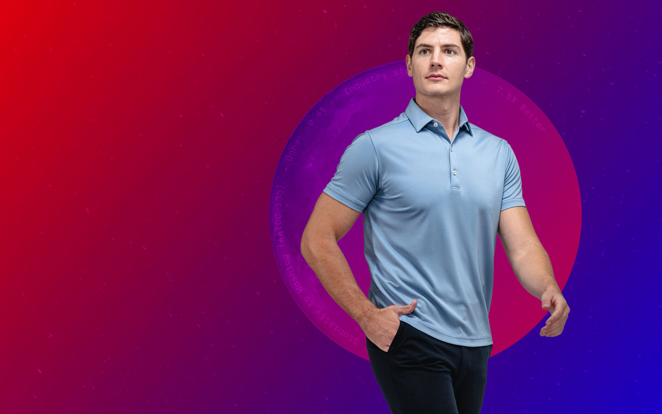 model wearing apollo polo standing in front of a gradient moon