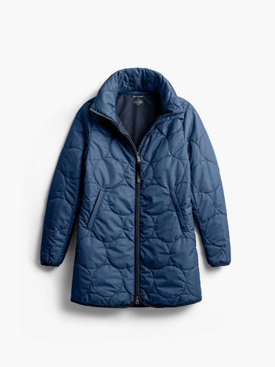 women's navy aurora insulated jacket flat shot of front unzipped at the top