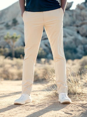 model wearing buff pace poplin chino facing forward with hands in pockets