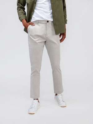 mens pace tapered chino light khaki and mens pace poplin overshirt olive on model standing lower body
