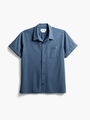 men's space blue hybrid seersucker short sleeve shirt flat shot of front