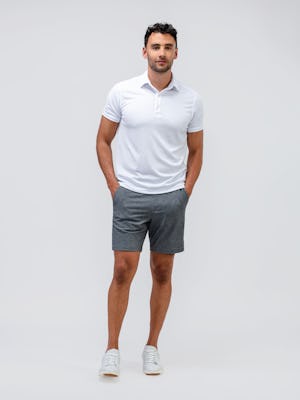 model wearing mens fusion terry short classic grey heather and mens white apollo polo standing full body hands in pocket
