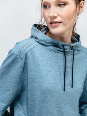 close up of female model wearing lunar blue fusion terry for all hoodie