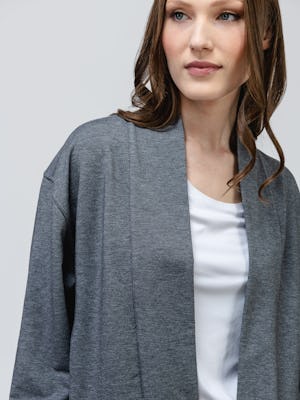 model wearing women's classic grey heather fusion terry cardigan and white luxe touch tee facing forward