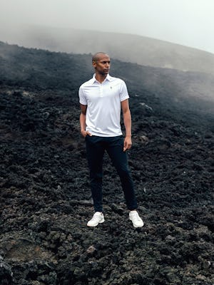 on model model wearing apollo x polo white limited edition and mens kinetic jogger navy looking away europe shoot