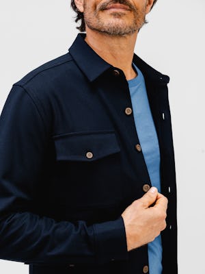 model wearing mens composite merino long sleeve tee atlantic blue kinetic twill 5 pocket pant steel blue heather and mens fusion overshirt navy zoom chest up shot one hand on button