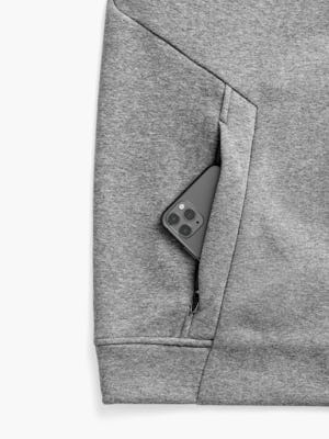 mens hybrid fleece bomber jacket medium grey heather hand pocket with iphone zoom flat