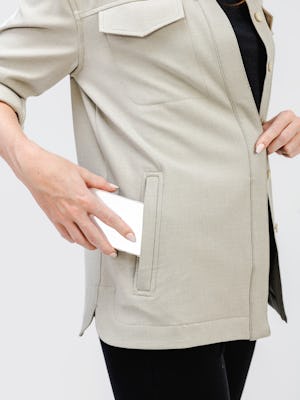 modek wearing womens fusion overshirt taupe zoom pocket with iphone