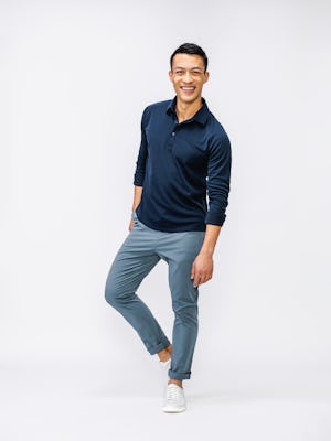 Navy Apollo Raglan Long Sleeve Polo and Stormy Weather and Pace Tapered Chino on model