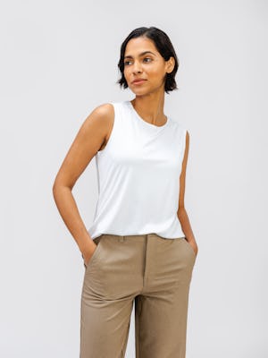 White Luxe Touch Tank on Model with hands in pant pocket