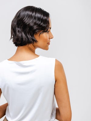 Close up of back of White Luxe Touch Tank on model