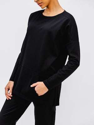 Women's Black Fusion Double Knit Tunic on model with hand in pocket