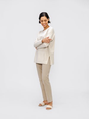 Oatmeal Heather Fusion Double Knit Tunic and Oatmeal Heather Fusion Straight Leg Pant on Model