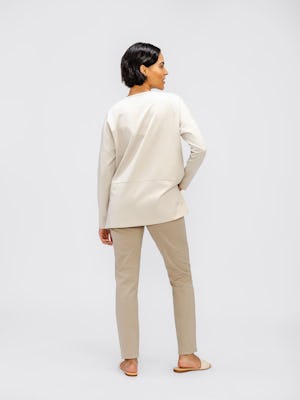 Back of Women's Fusion Double Knit Tunic in Oatmeal and Oatmeal Heather Fusion Straight Leg Pant on model