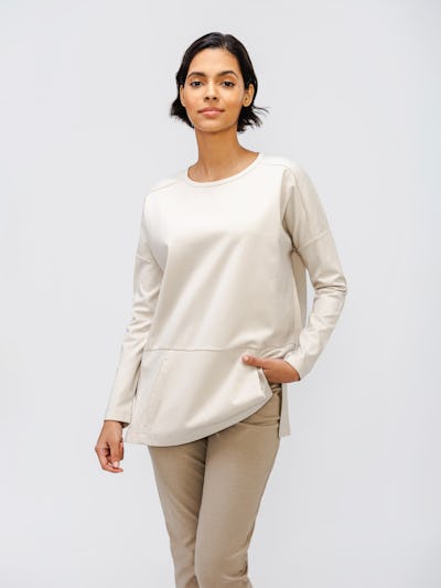 women's Oatmeal fusion double knit tunic on model with hand in pant pocket