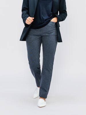 Women's Navy Fusion Straight Leg Pant on model with hand in pocket
