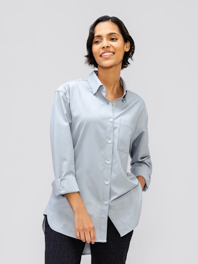 Women's Silver Aero Zero Oversized Shirt On model walking forward with hand in pant pocket