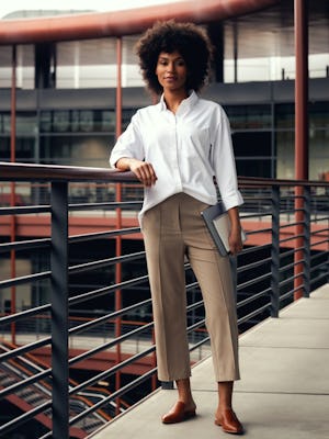 model wearing womens velocity pull on pant flax lifestyle