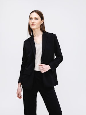 womens velocity oversized blazer black on model