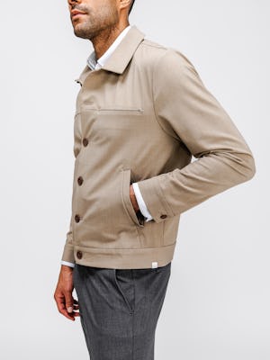 model wearing mens velocity shirt jacket flax
