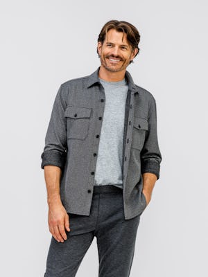 model wearing mens fusion overshirt medium grey heather