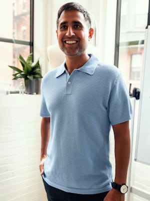 Aman wearing the Labs 3D Print-Knit Air Polo