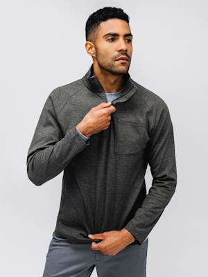 mens fusion double knit 1/4 zip olive heather on model