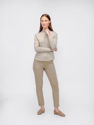 Women's Taupe Composite Merino Mock Neck and Women's Kinetic Sand Curduroy 5-Pocket Pant on model