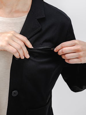 model wearing womens kinetic chore blazer black