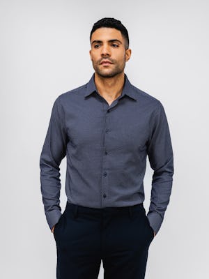 Men's Aero Zero Dress Shirt in Navy Mini Dash Grid on model with hands in pockets