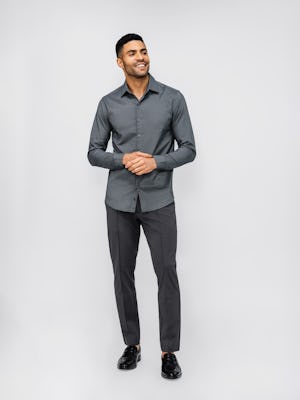 Men's Aero Zero Dress Shirt Charcoal Mini Grid and Men's Charcoal Kinetic Pintuck Pant on model