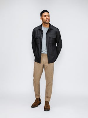 Men's Fusion Overshirt in Charcoal Heather with Sand Kinetic Corduroy 5-Pocket Panton model with hands in back pockets